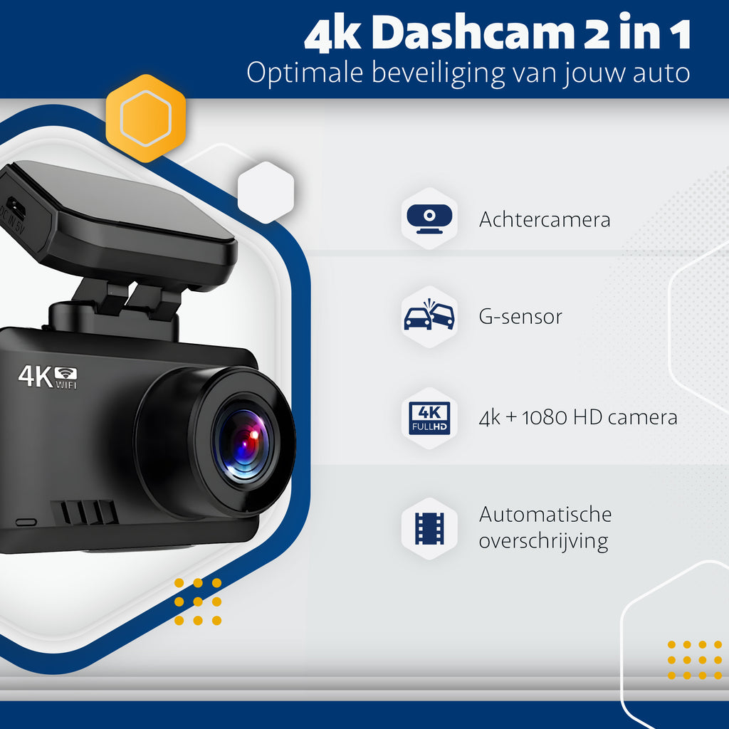 Teceye – Dashcam voor auto – Auto Camera – Dual Lens – 4K - Full HD – Dashcam voor en achter -